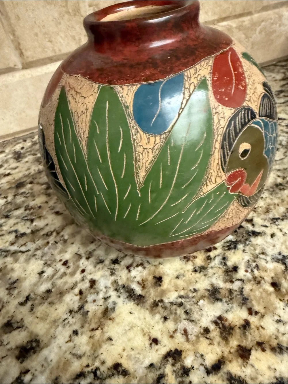 Hand-Painted Fish Motif Ceramic Vase in Brown and Multicolor